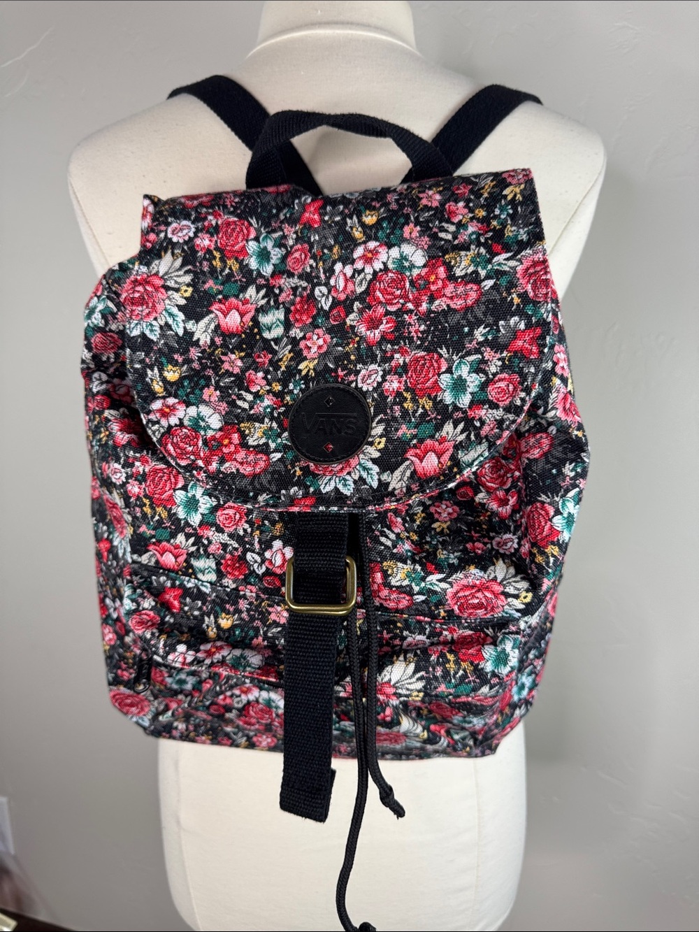 Vans Black Floral Canvas Backpack with Red & Pink Blooms